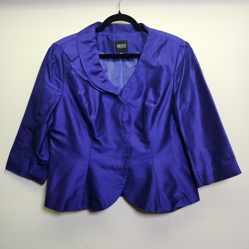 Bigio Royal Purple 100% Silk Cropped Evening Jacket Sz 14 Ruched Collar Ruffle